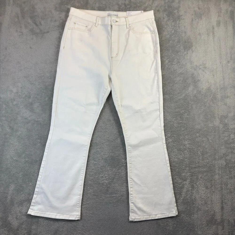 LOFT Jeans Pants Women 30/10 White The Kick Crop High Rise Regular Fit Flare NWT